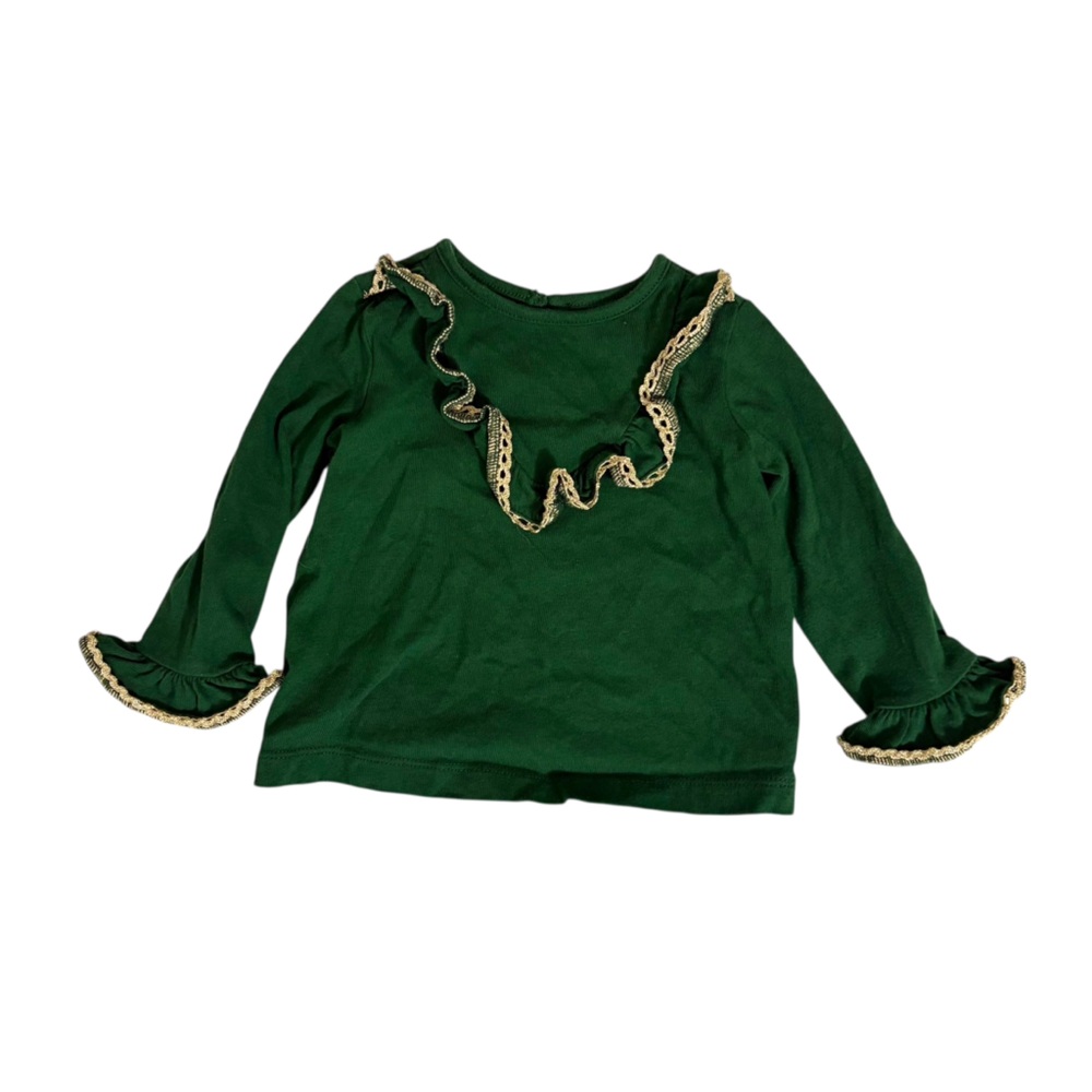 Janie And Jack Size 6-12M Green Gold Ruffle Neck Victorian Holiday Top Christmas